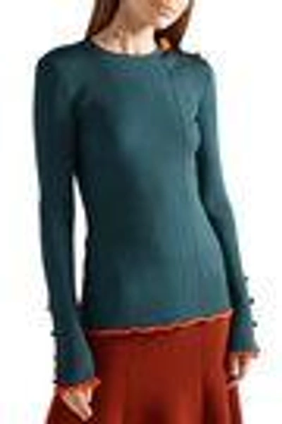 Shop Roksanda Woman Rhea Embellished Ribbed Stretch-knit Sweater Petrol