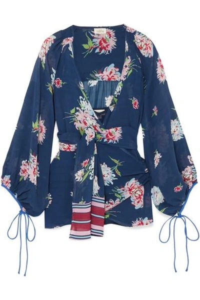 Shop Talitha Floral-print Silk Crepe De Chine Wrap Top In Navy