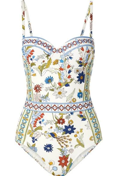 Shop Tory Burch Meadow Folly Printed Underwired Swimsuit In White