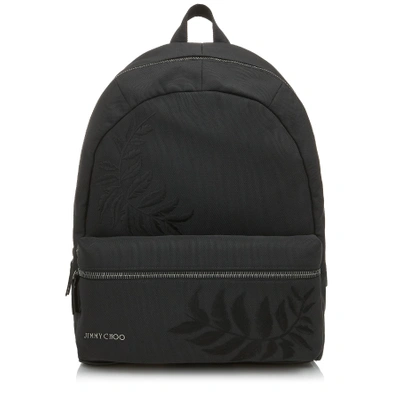 Shop Jimmy Choo Reed Black Woven Nylon Backpack With Feather Embroidery In Black/black