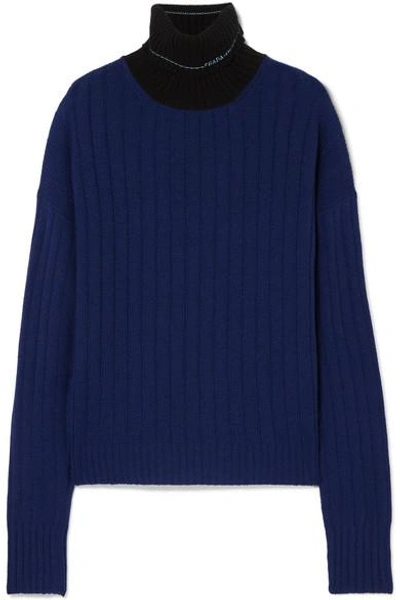 Shop Prada Two-tone Ribbed Cashmere Turtleneck Sweater In Navy