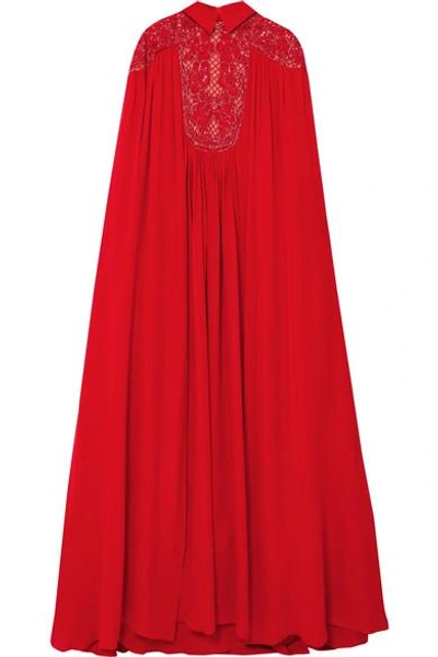 Shop Elie Saab Cape-effect Embellished Silk-blend Crepe De Chine Gown In Red