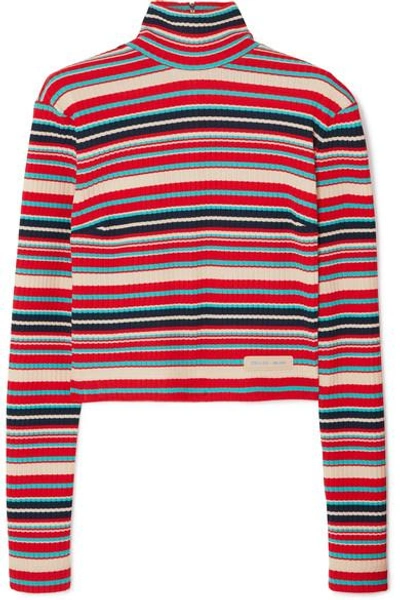 Shop Prada Striped Ribbed-knit Sweater In Red