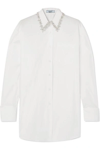 Shop Prada Oversized Crystal-embellished Cotton-poplin Shirt In White