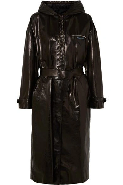 Shop Prada Hooded Patent-leather Trench Coat In Black