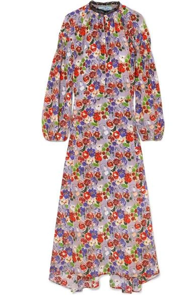 Shop Prada Lace-trimmed Shirred Floral-print Silk-crepe Midi Dress In Lilac