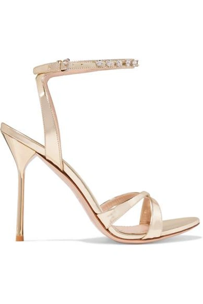 Shop Miu Miu Crystal-embellished Metallic Leather Sandals In Gold