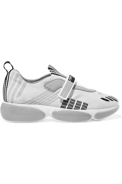 Shop Prada Cloudbust Allacciate Logo-embossed Rubber And Leather-trimmed Mesh Sneakers In Silver