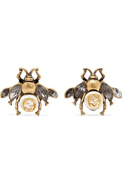 Shop Gucci Burnished Gold-tone, Faux Pearl And Crystal Earrings