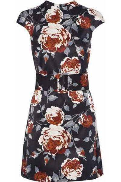 Shop Theory Belted Floral-print Satin-faille Mini Dress In Black
