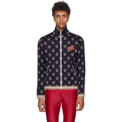 Shop Gucci Navy Checkered Track Jacket In 4033 Ink