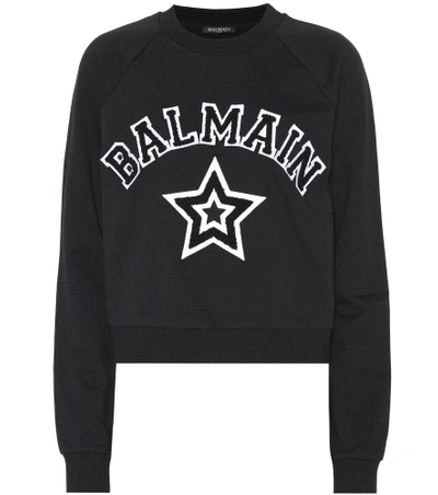 Shop Balmain Star Appliqué Cotton Sweatshirt In Black