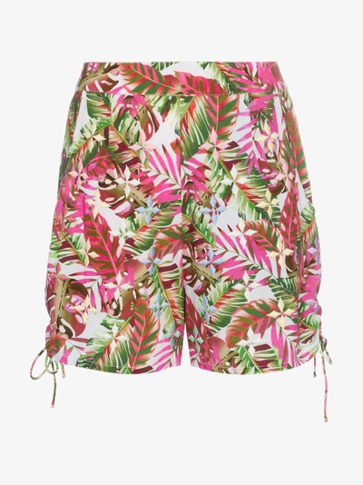 Shop All Things Mochi Tropical Print Side Tie Cotton Shorts In Pink/purple