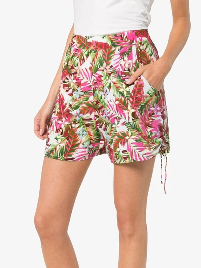 Shop All Things Mochi Tropical Print Side Tie Cotton Shorts In Pink/purple