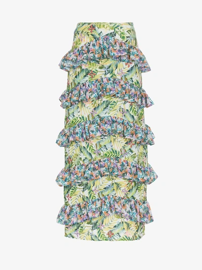 Shop All Things Mochi Sara Floral Print Tiered Ruffle Maxi Skirt In Green