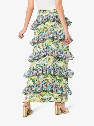 Shop All Things Mochi Sara Floral Print Tiered Ruffle Maxi Skirt In Green