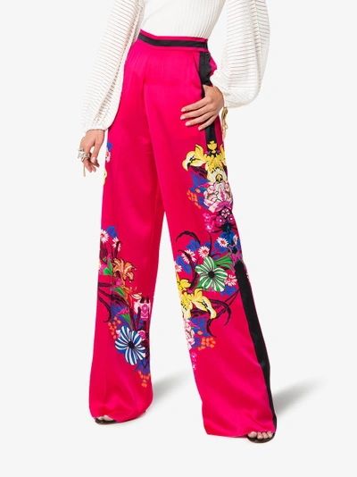 Shop Etro High Waist Floral Print Wide-leg Trousers In Pink/purple