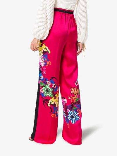 Shop Etro High Waist Floral Print Wide-leg Trousers In Pink/purple