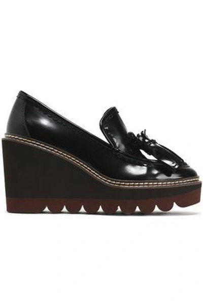 Shop See By Chloé Woman Zina Fringe-trimmed Patent-leather Wedge Loafers Black