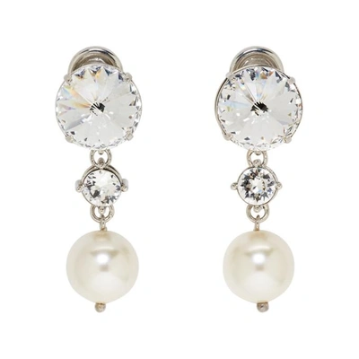 Shop Miu Miu Silver Crystal And Pearl Clip-on Earrings In F0qcd Cream