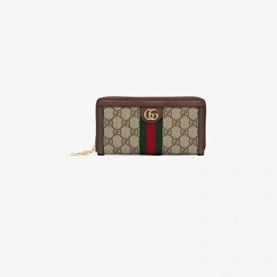 Shop Gucci Beige, Green And Red Ophidia Gg Zip Around Canvas Wallet In Brown