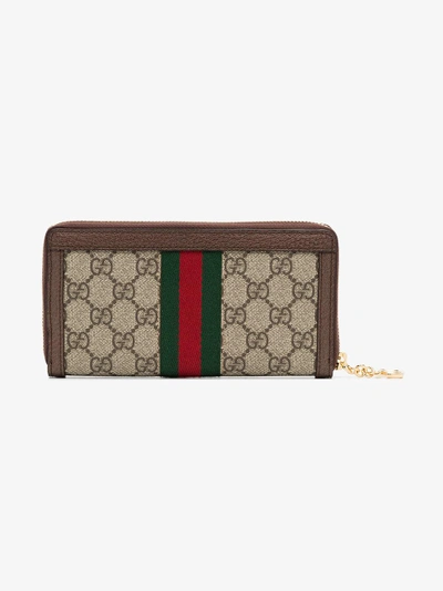 Shop Gucci Beige, Green And Red Ophidia Gg Zip Around Canvas Wallet In Brown