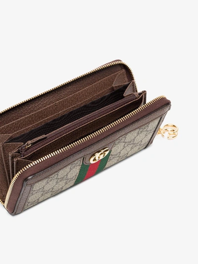 Shop Gucci Beige, Green And Red Ophidia Gg Zip Around Canvas Wallet In Brown