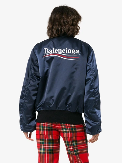 Shop Balenciaga Rear Logo Embroidered Bomber Jacket In Blue