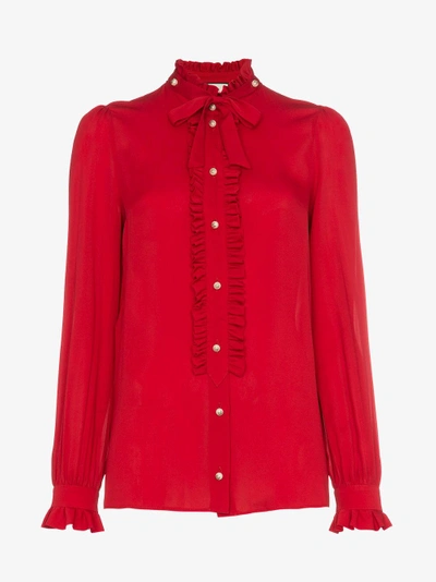 Shop Gucci Silk Ruffle Front Blouse In Red