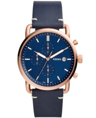 Shop Fossil Men's Chronograph Commuter Navy Leather Strap Watch 42mm In Blue