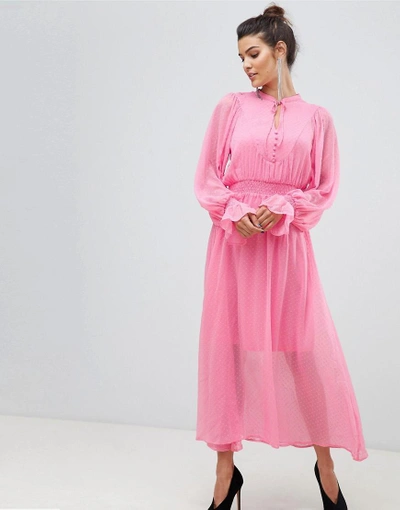Shop Y.a.s. Tie Neck Chiffon Spot Maxi Dress In Pink - Pink