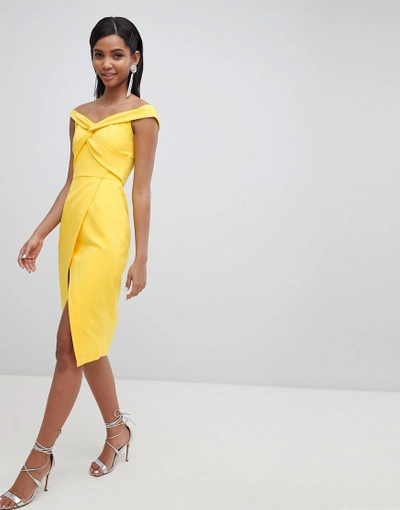 Shop Lavish Alice Twisted Off The Shoulder Wrap Midi Dress - Yellow
