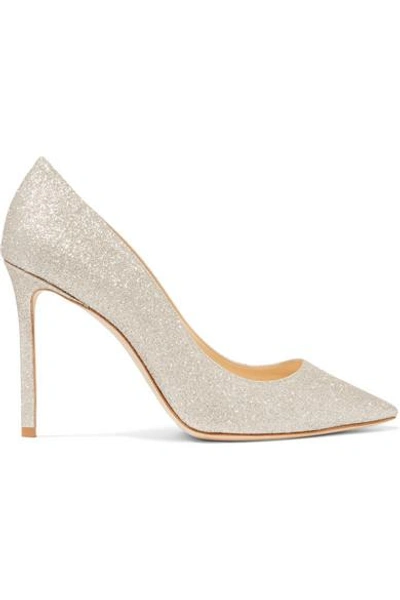 Shop Jimmy Choo Romy 100 Glittered Leather Pumps In White