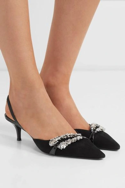 Shop Giuseppe Zanotti Notte Leather-trimmed Embellished Suede Slingback Pumps In Black