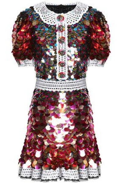 Shop Dolce & Gabbana Woman Lace-trimmed Sequined Crepe Mini Dress Multicolor