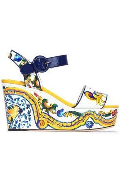 Shop Dolce & Gabbana Woman Printed Patent-leather Wedge Sandals Yellow