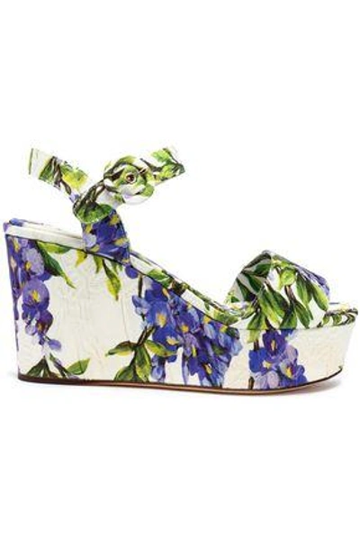 Shop Dolce & Gabbana Woman Floral-print Jacquard Wedge Sandals Cream