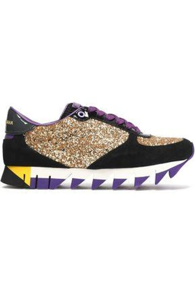 Shop Dolce & Gabbana Woman Capri Glittered Suede, Mesh And Patent-leather Sneakers Gold