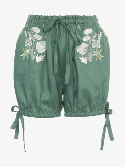 Shop Innika Choo Bloomers Floral Embroidered Linen Shorts In Green
