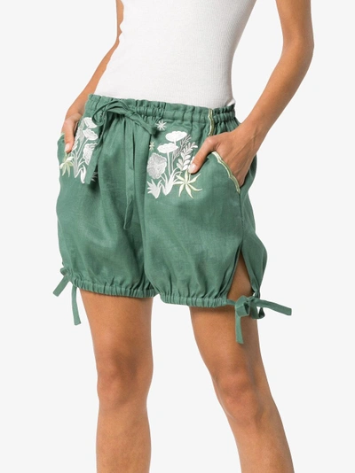 Shop Innika Choo Bloomers Floral Embroidered Linen Shorts In Green