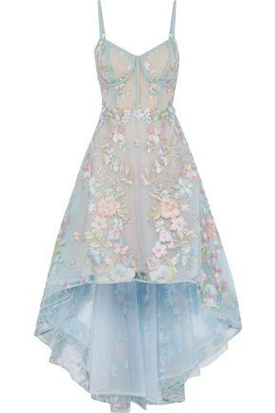 Shop Marchesa Notte Woman Asymmetric Embroidered Tulle Gown Light Blue