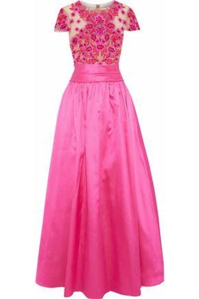 Shop Marchesa Notte Woman Embellished Tulle-paneled Duchesse-satin Gown Bright Pink
