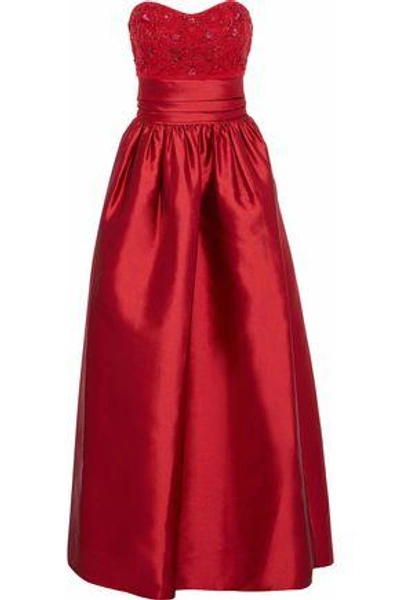Shop Marchesa Notte Woman Strapless Embellished Tulle-paneled Satin-faille Gown Red
