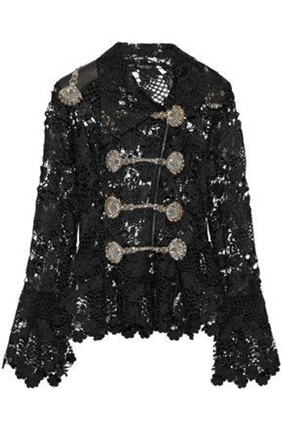 Shop Reem Acra Embellished Guipure Lace Peplum Jacket In Black