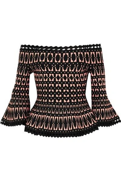 Shop Herve Leger Off-the-shoulder Stretch Jacquard-knit Peplum Top In Black
