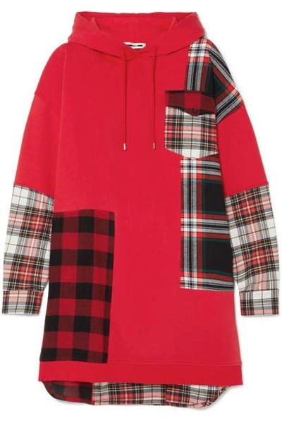 Shop Mcq By Alexander Mcqueen Hooded Oversized Patchwork Cotton-jersey And Checked Flannel Dress In Red