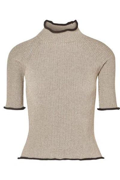 Shop Golden Goose Alya Metallic Ribbed-knit Turtleneck Top In Beige