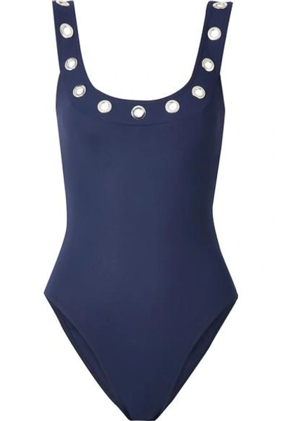 Shop Karla Colletto Viviana Eyelet-embellished Underwired Swimsuit In Navy