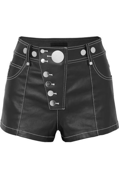 Shop Alexander Wang Embellished Coated-denim Shorts In Black