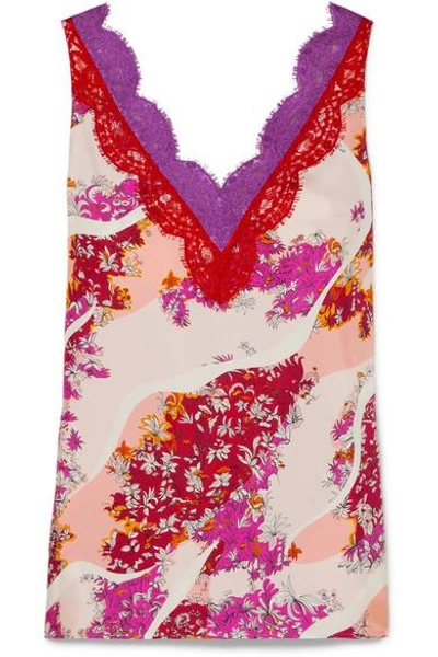 Shop Emilio Pucci Lace-trimmed Floral-print Silk Top In Pink